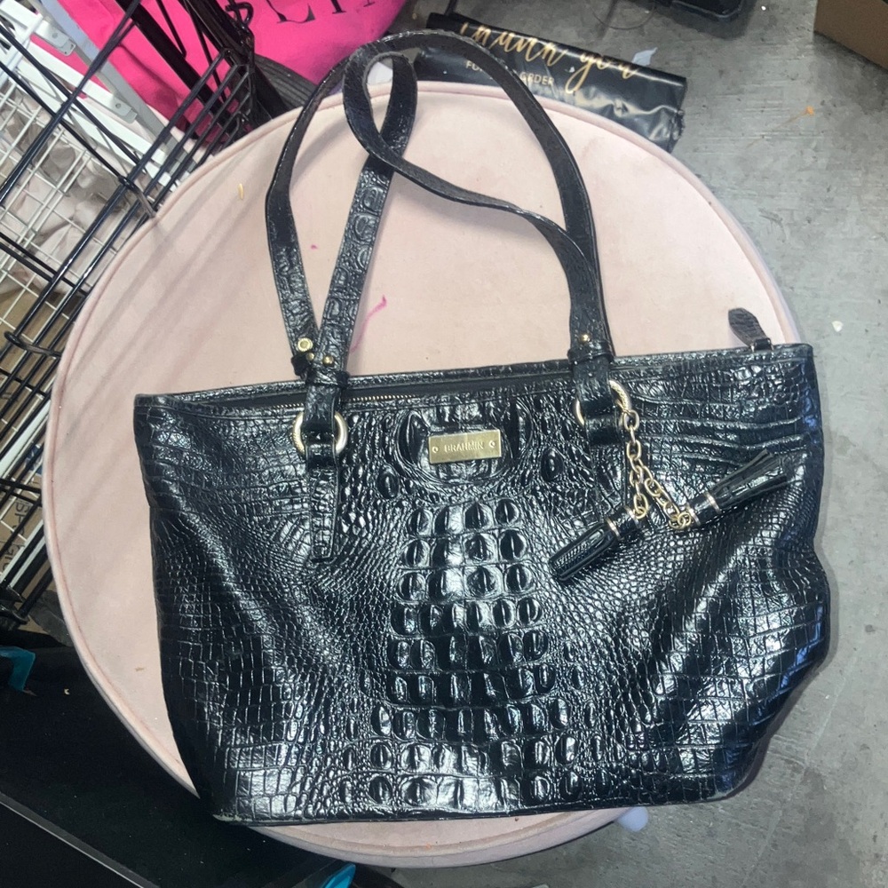 Brahmin Black Croc-Embossed Tote with Gold Hardware